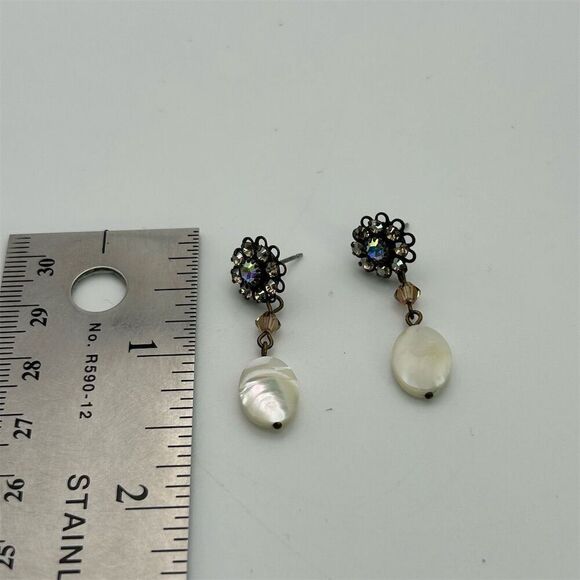 Vintage Floral Aurora Borealis Rhinestones Stud Dangle Pearl Drop Earrings - Picture 7 of 9